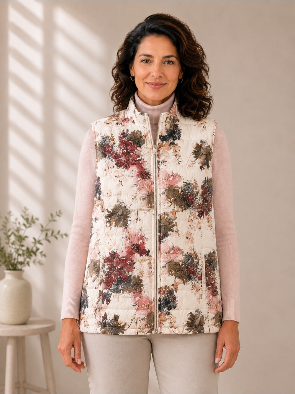 Chico’s Grand Flowers Floral Quilted Puffer Vest Chico’s 2 Large Zip Front